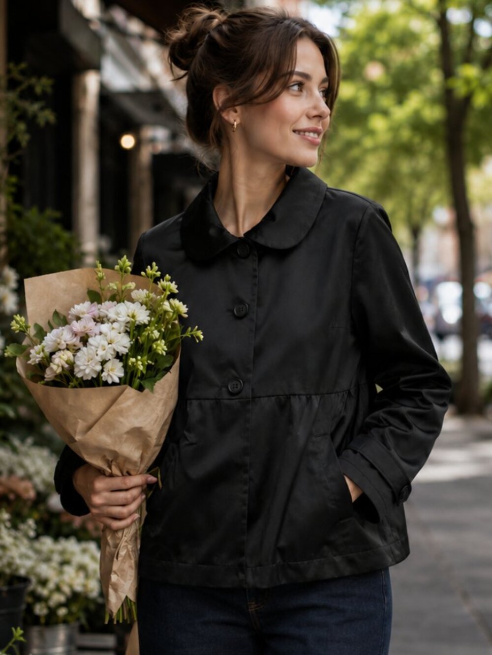 Krazee Black Satin Shiny Peter Pan Collar Cropped Jacket Y2K - Picture 2 of 6